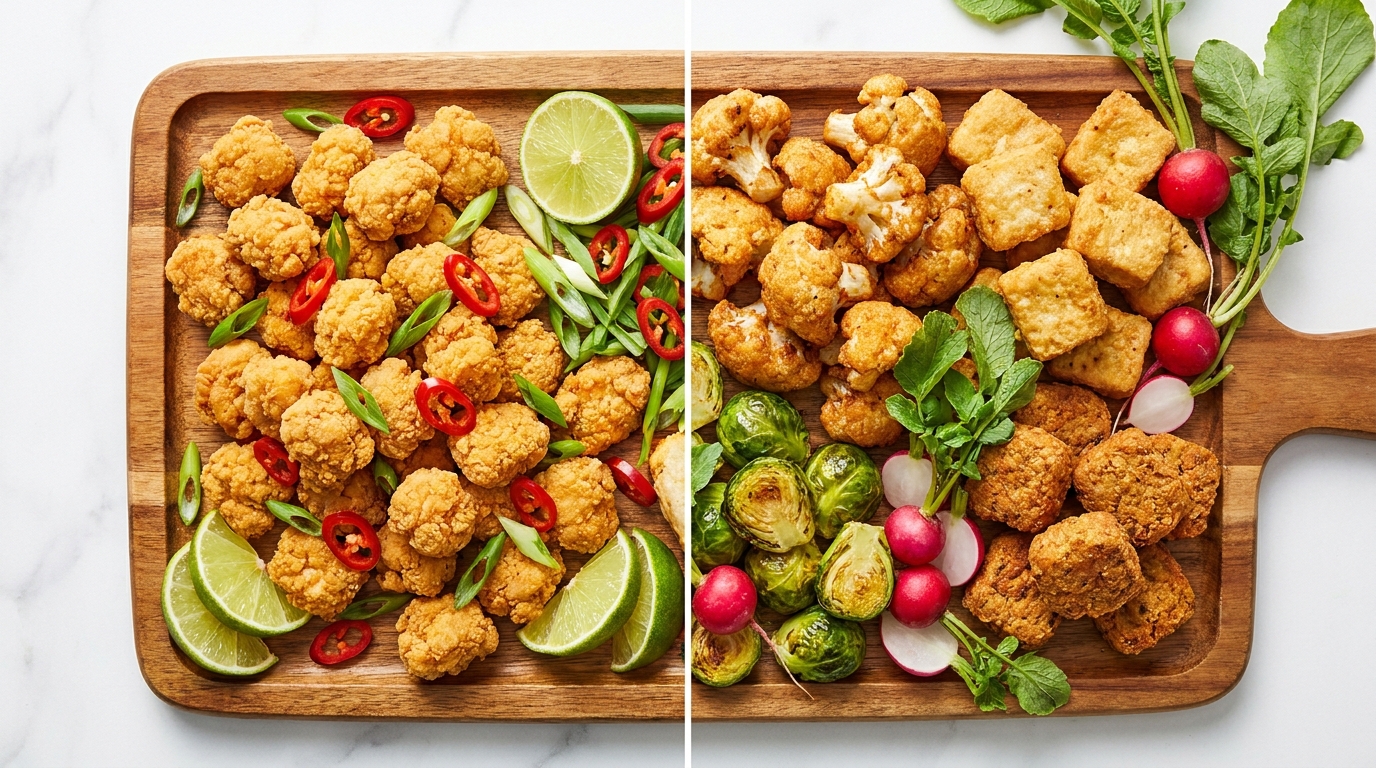 Tyson popcorn chicken versus plant-based popcorn chicken alternatives