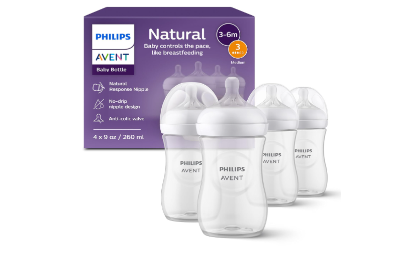 Philips Avent Natural Baby Bottles with Natural Response Nipples (Medium Flow, Flow 3), 9oz, 4-Pack, SCY903/04 