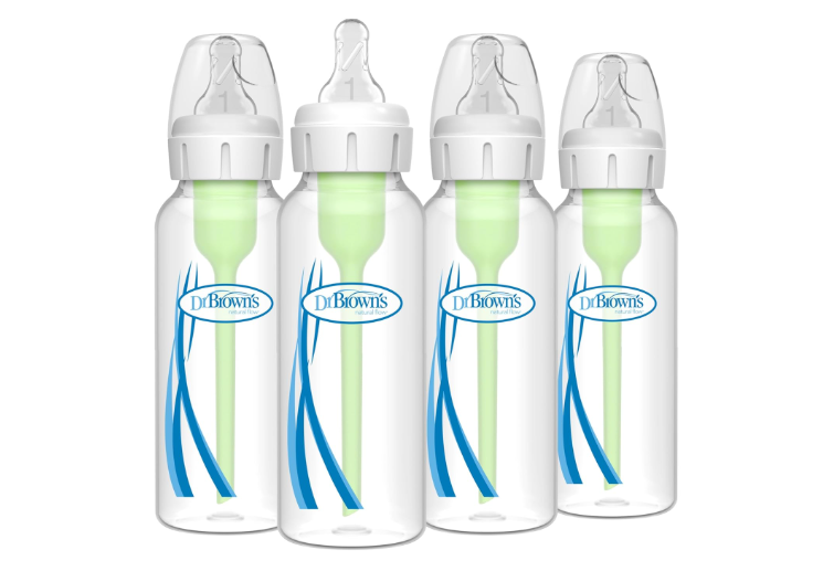 Dr. Brown's Natural Flow Anti-Colic Options+ Narrow Baby Bottle, 8 oz/250 mL, with Level 1 Slow Flow Nipples, 0m+, 4 Pack 