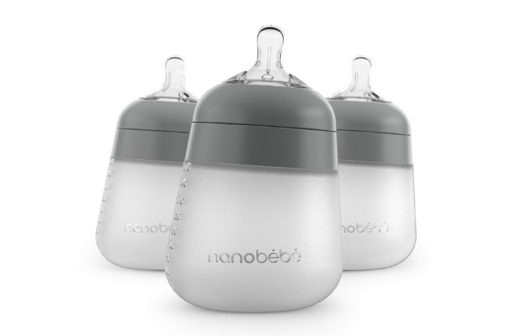 Nanobebe Flexy Silicone Baby Bottle, Anti-Colic, Natural Feel, Non-Collapsing Nipple, Non-Tip Stable Base, Easy to Clean, 3-Pack, Gray, 9oz
