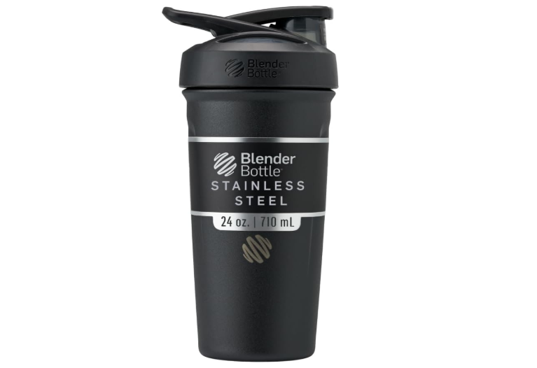 BlenderBottle Strada Shaker Cup Insulated Stainless Steel Water Bottle with Wire Whisk, 24-Ounce, Black 
