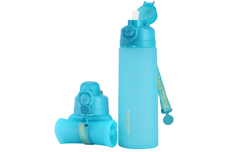 TakeToday Collapsible Water Bottles 21oz (600mL), Foldable Platinum Silicone Travel Water Bottle with Straw & Carry Strap, Leak-Resistant Screw Lid,...
