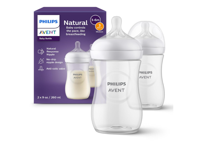 Philips Avent Natural Baby Bottles with Natural Response Nipples (Medium Flow, Flow 3), 9oz, 2-Pack, SCY903/02
