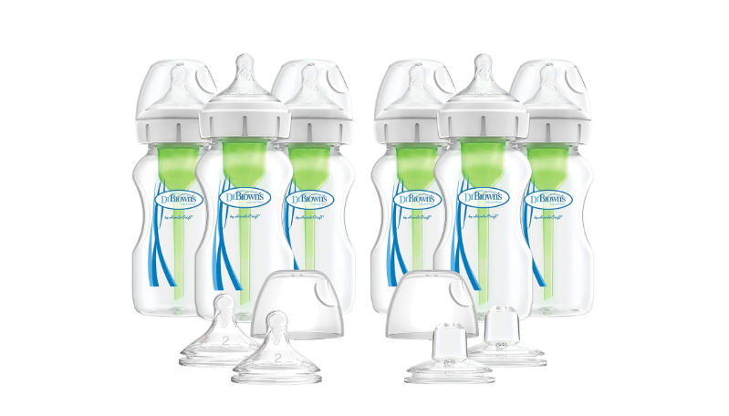 Dr. Brown's Natural Flow Anti-Colic Options+ Wide-Neck Baby Bottles, 9 oz/270 mL, with Level 1 Slow Flow Nipple, 6 Pack with 2 Bonus Level 2 Nipples...