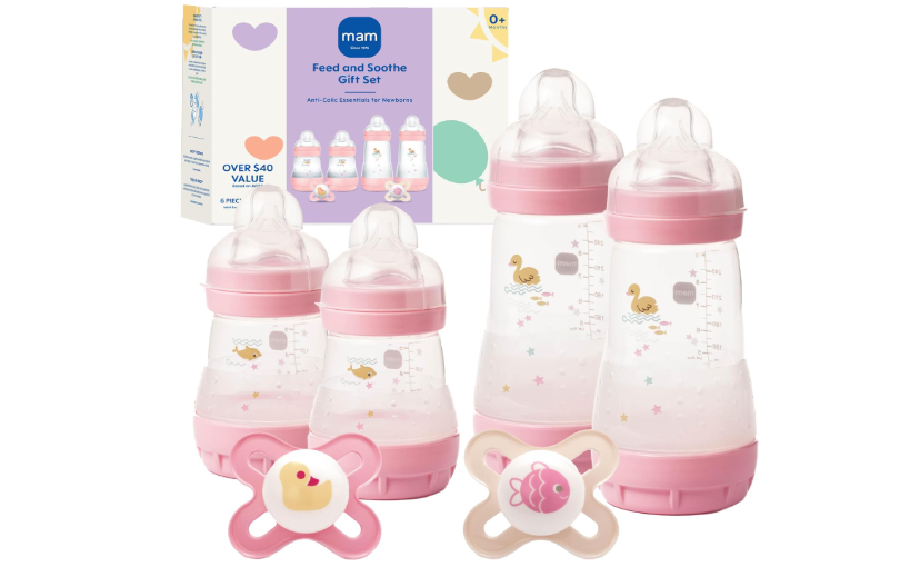 MAM Easy Start Anti-Colic Baby Bottle Starter Set – 4 Self Sterilizing Bottles (5oz & 9oz) + 2 Newborn Pacifiers Breastfed Baby Feeding Gift Set