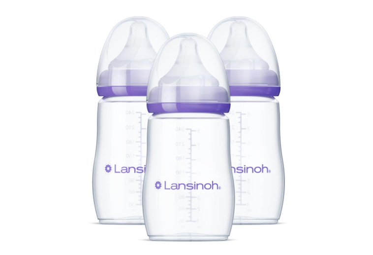 Lansinoh Anti-Colic Baby Bottles, BPA-Free Plastic, 8 Ounces, 3 Count, Medium Flow Nipples (Size M), Breastfeeding Bottle with NaturalWave Design, Baby...