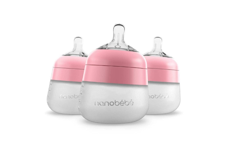 Nanobebe Flexy Silicone Baby Bottle, Anti-Colic, Natural Feel, Non-Collapsing Nipple, Non-Tip Stable Base, Easy to Clean 3-Pack, Pink, 5 oz