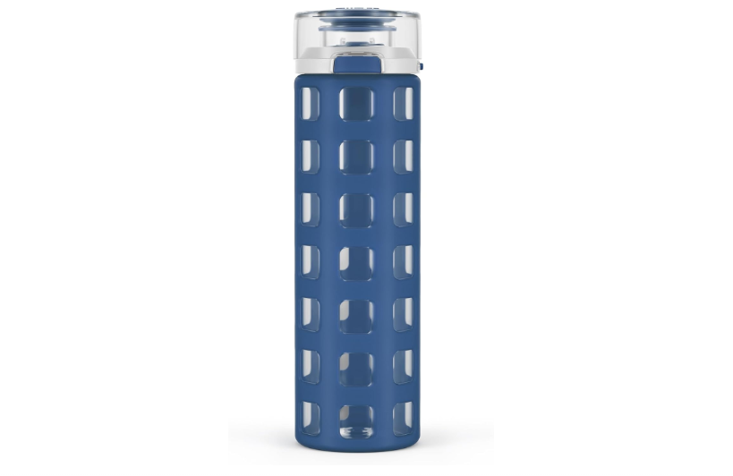 Ello Syndicate 20oz Reusable Glass Water Bottle with One-Touch Leak Proof Flip Lid and Protective Non-Slip Silicone Sleeve and Carry Loop for Coffee, Tea...