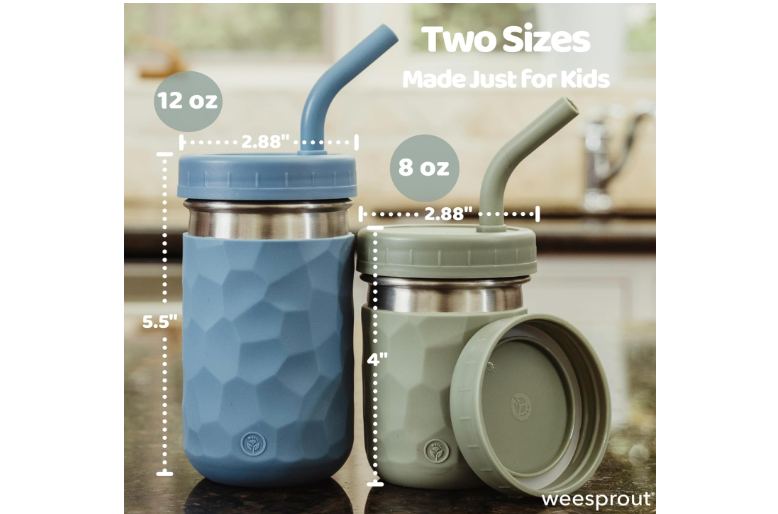 WeeSprout 2-in-1 Drinking Cups for Kids, Durable Stainless Steel Tumbler for Smoothies, Silicone Straws with Stoppers, Premium Plastic Twist Lids, Easy-Grip...