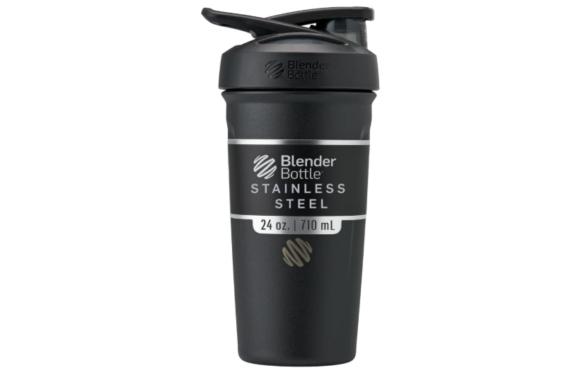 BlenderBottle Strada Shaker Cup Insulated Stainless Steel Water Bottle with Wire Whisk, 24-Ounce, Black