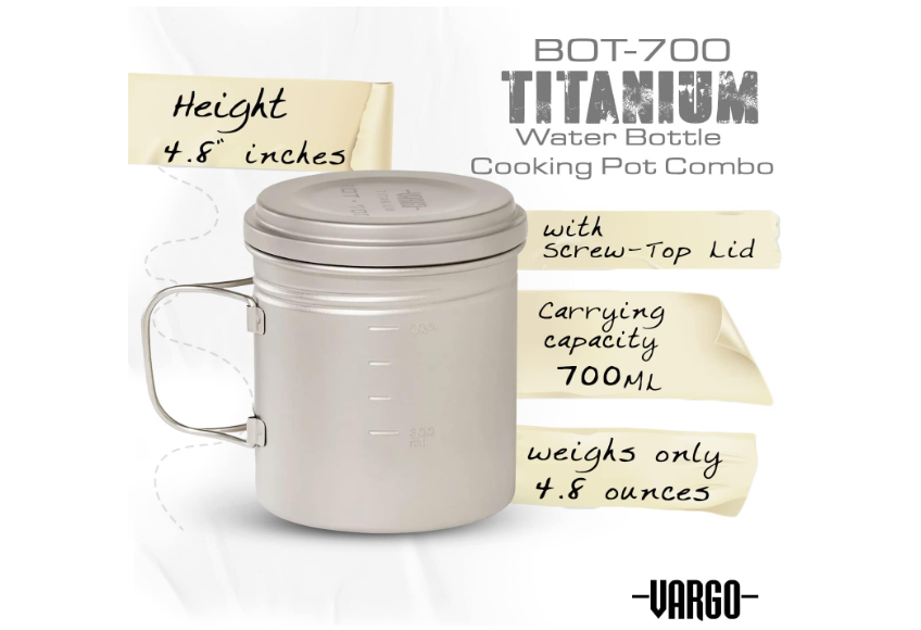 Vargo Titanium BOT Series | Vargo BOT - 700 | Titanium Cooking Pot and Water Bottle with Foldable Handles and Watertight Lid | 700ml (23 oz.)