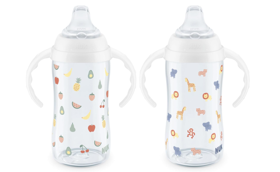 NUK Learner Cup, 8+ Months, Fun Fruits and Animals, Amazon Exclusive Collection, 10 Oz, Pack of 2, BPA-Free, Soft Spout, Spill Proof Sippy Cup