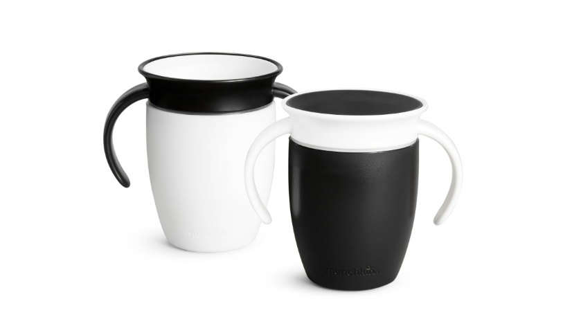 Munchkin Miracle 360 Sippy Cup for 6 Month Old, Spill Proof Baby and Toddler Cups with Transition Handles, 7 Ounce, 2 Pack, Black/White