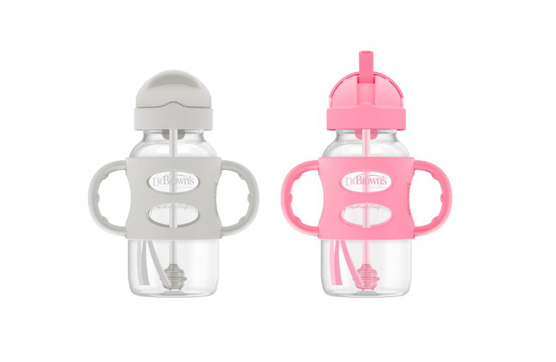 Dr. Brown's Milestones Wide-Neck Sippy Straw Bottle, Spill-Proof with 100% Silicone Handles and Weighted Straw, 9 oz/270 mL, Gray & Pink, 6m+, 2-Pack