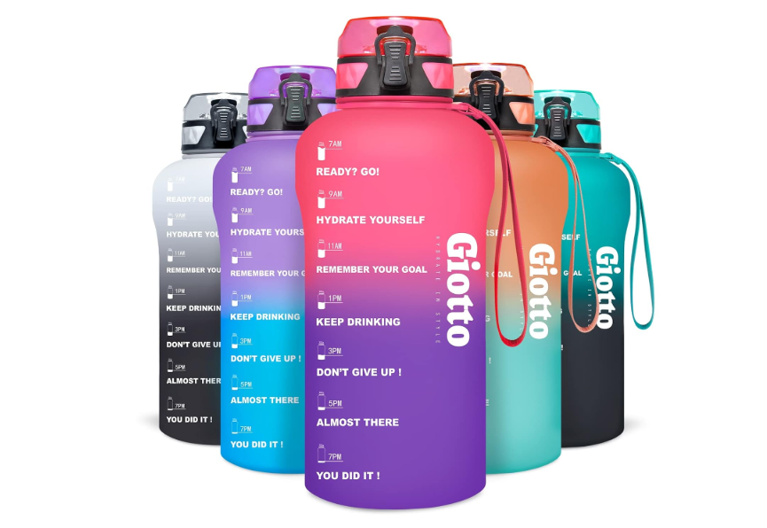 Giotto Large Half Gallon/64oz Motivational Water Bottle with Time Marker & Removable Strainer, Leak-Proof BPA Free Water Jug to Remind You Drink More... 