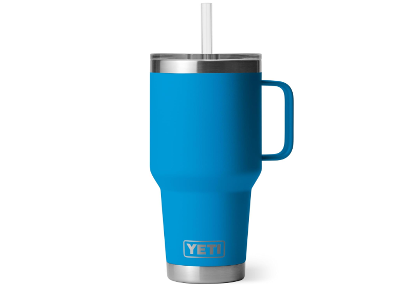 YETI Rambler 35 oz Tumbler with Handle and Straw Lid, Travel Mug Water Tumbler, Vacuum Insulated Cup with Handle, Stainless Steel, Big Wave Blue 