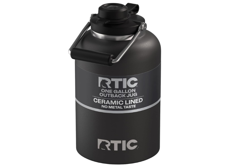 RTIC 1 Gallon Outback Jug, Stainless Steel, Ceramic Lined Insulated Water Bottle with Lid and Handle, BPA-Free, Double Wall Vacuum Insulation, Black