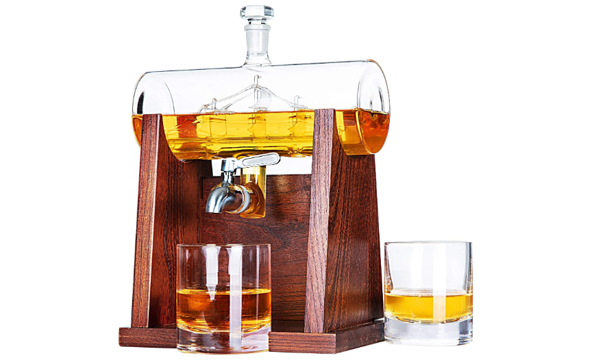 Jillmo Ship Whiskey Decanter Set for Men, 1250ml Liquor Decanter Gift with Ship Inside, 2 Whiskey Glasses & Wooden Stand, Bourbon Scotch Decanter Gift...