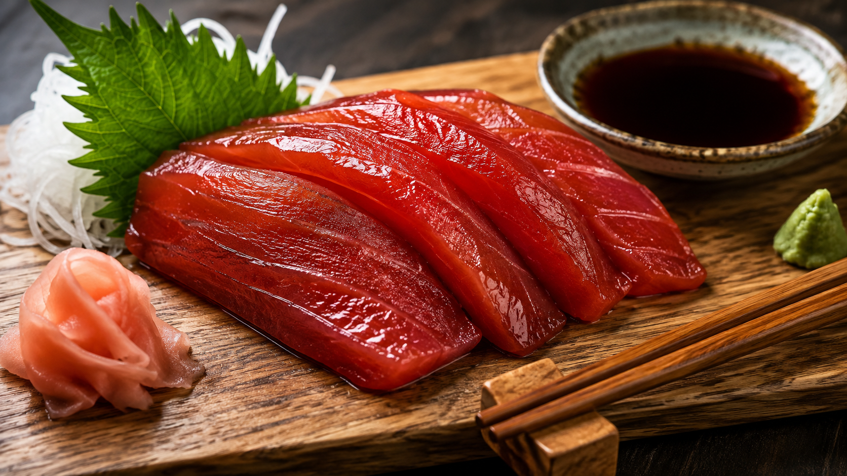 Close-up of glossy vegan tomato sashimi arranged elegantly on a wooden sushi board with ginger