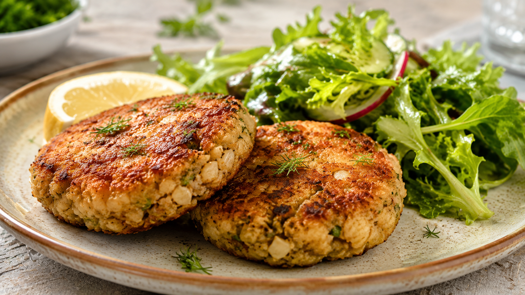 Crispy, golden-brown vegan heart of palm and chickpea tuna patties served on a rustic plate with a fresh green salad.