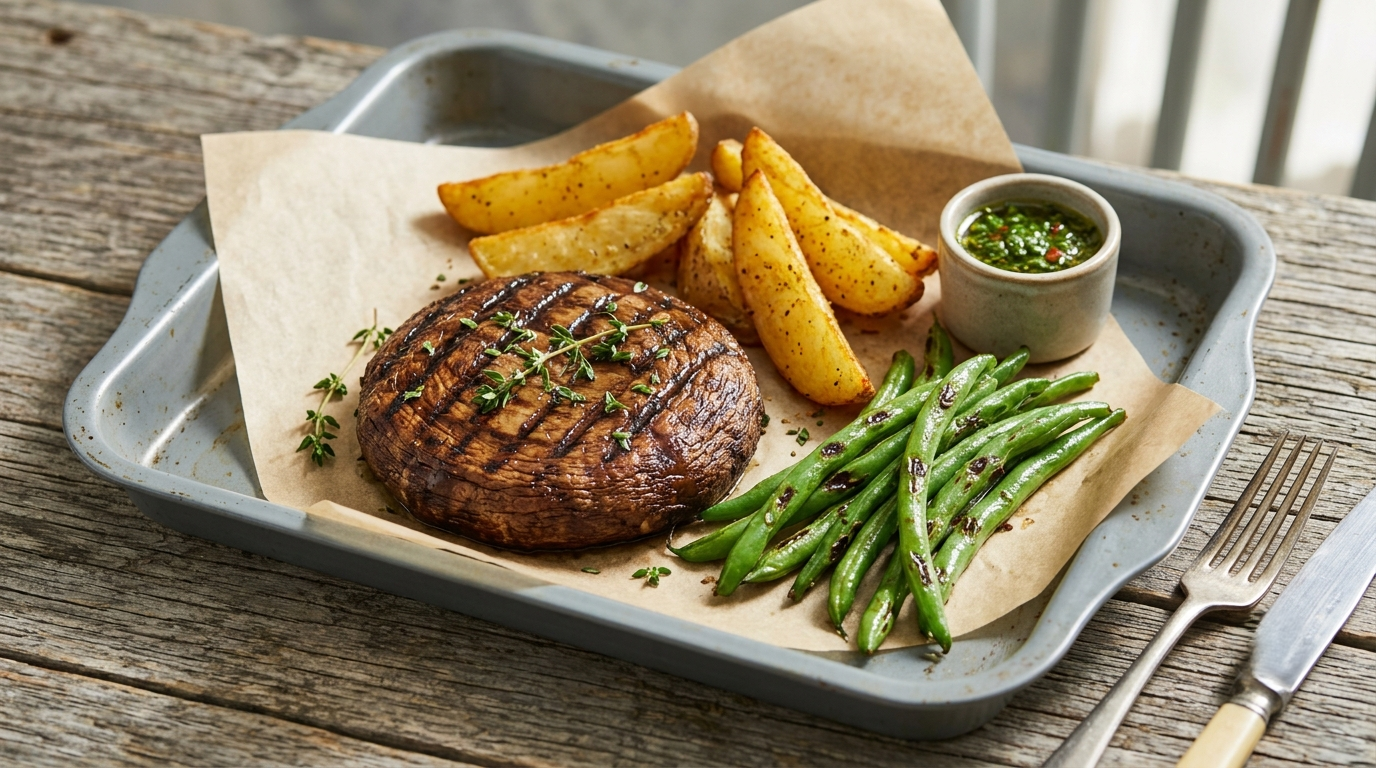 Plant-based portobello mushroom steak with thick potato wedges served on parchment paper inside a vintage diner tray.