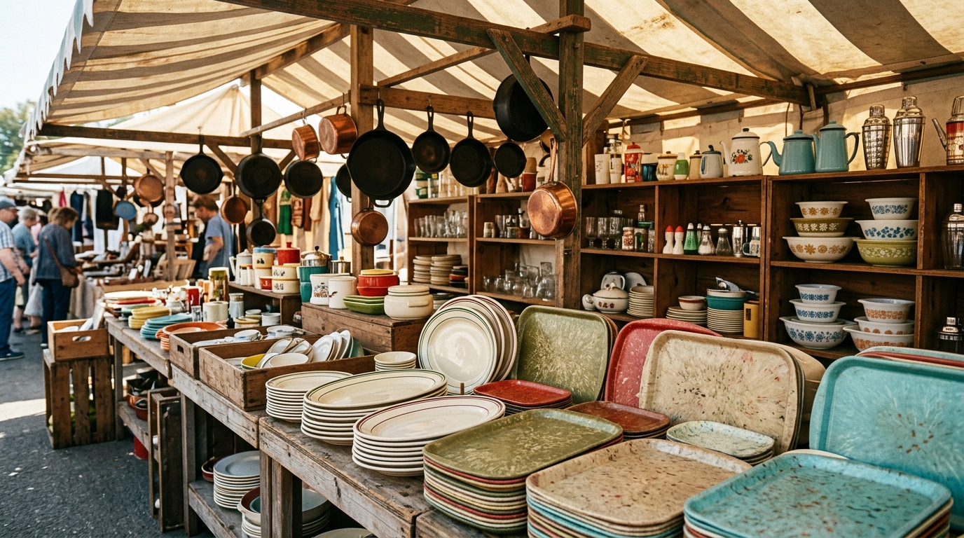 Vintage mid-century modern kitchenware and retro restaurant serving trays displayed at a local antique flea market.