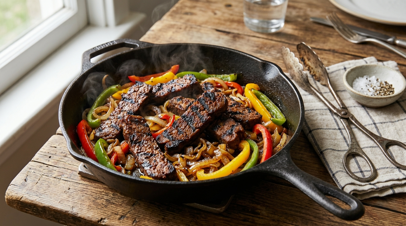 Grilled marinated seitan strips with char marks and caramelized peppers in a cast-iron skillet.