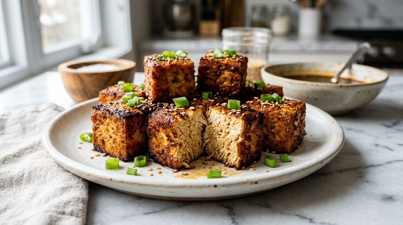 Golden brown crispy seared tofu cubes showing dense, meaty internal texture on a plate.