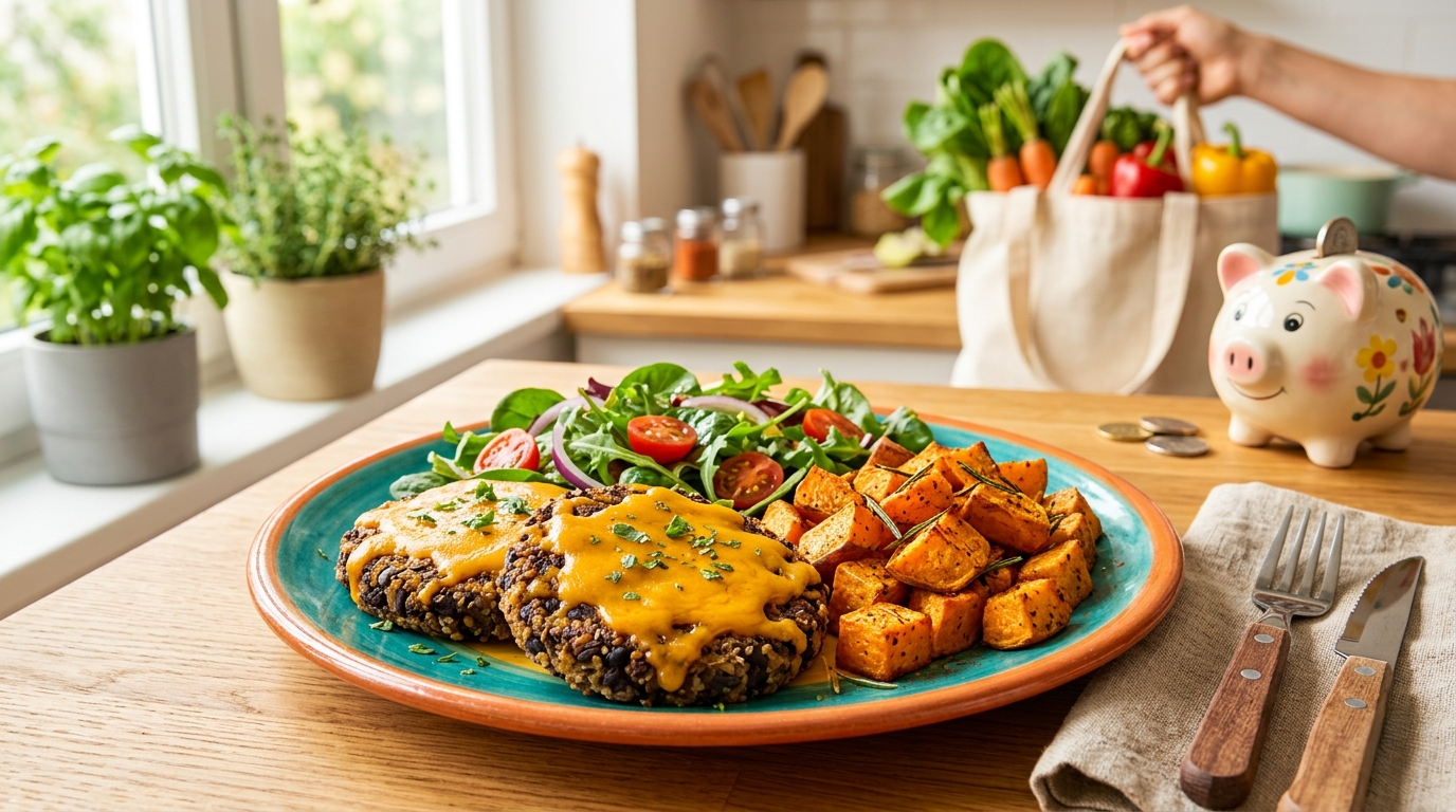 Hearty black bean quinoa burger patties on a plate with sweet potatoes and salad, symbolizing savings and satisfaction.