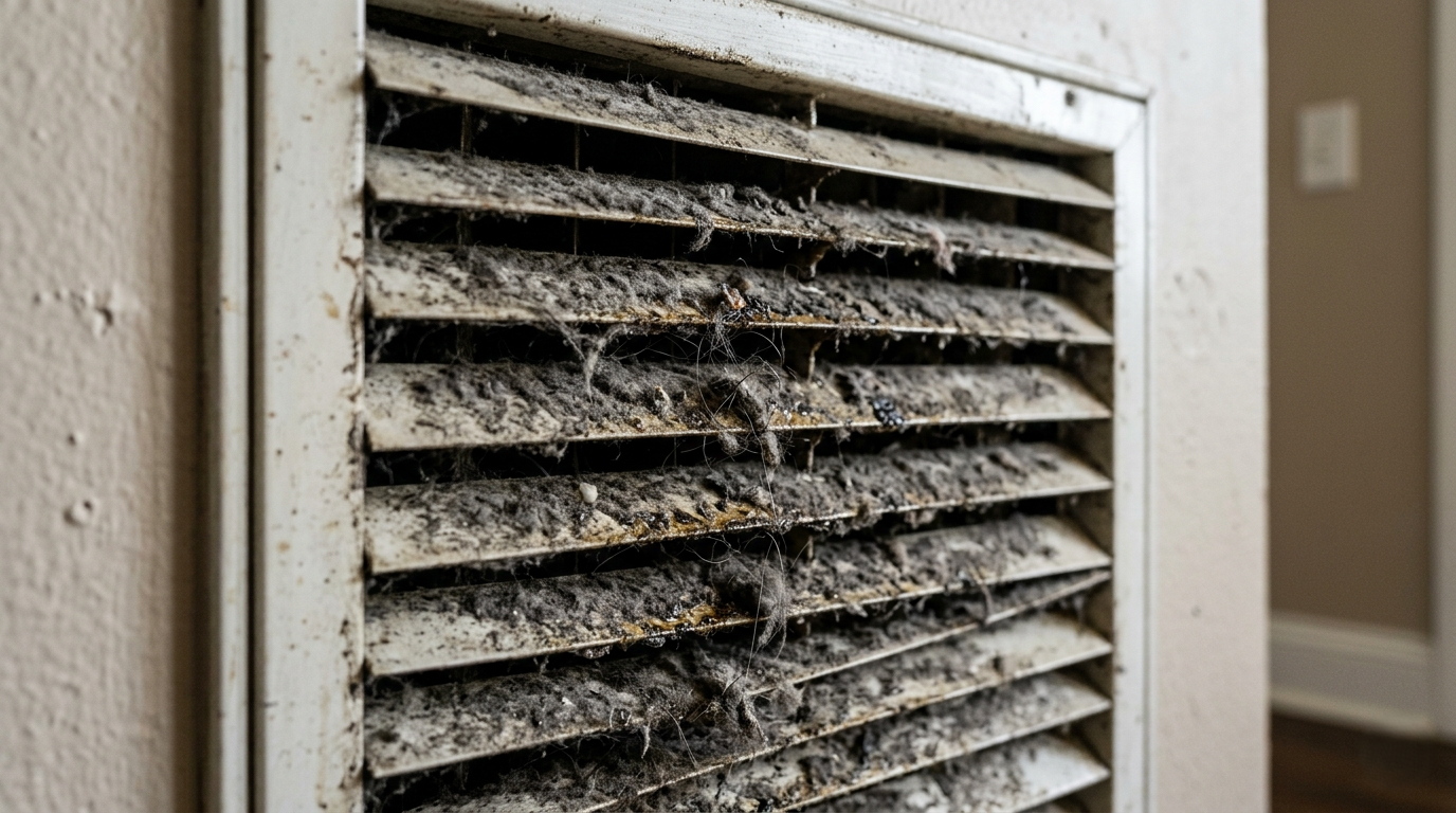 Macro view of a dirty return air grille clogged with a thick, fuzzy layer of dust and dander.