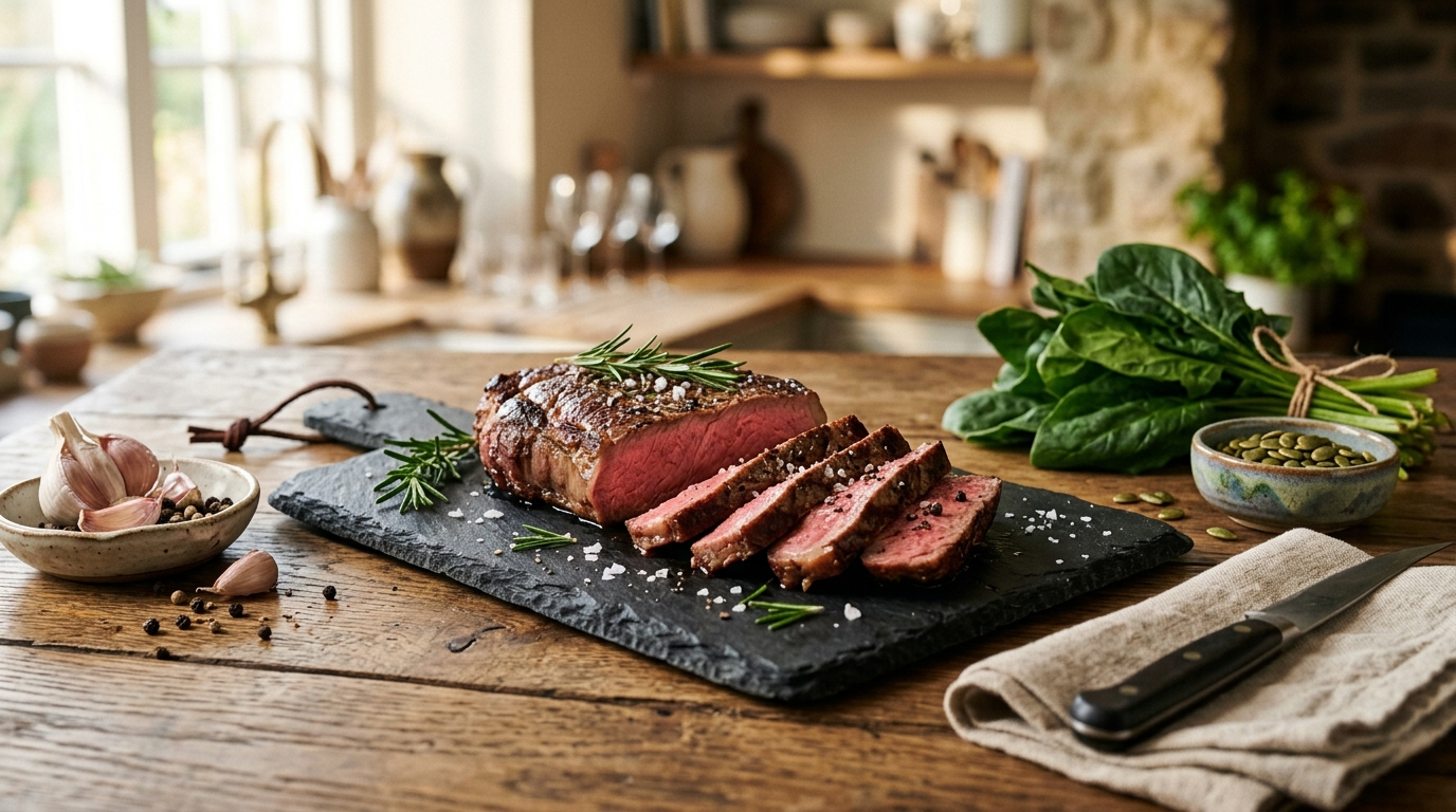 Sliced medium-rare sirloin steak on a slate board with rosemary, spinach, and pumpkin seeds.