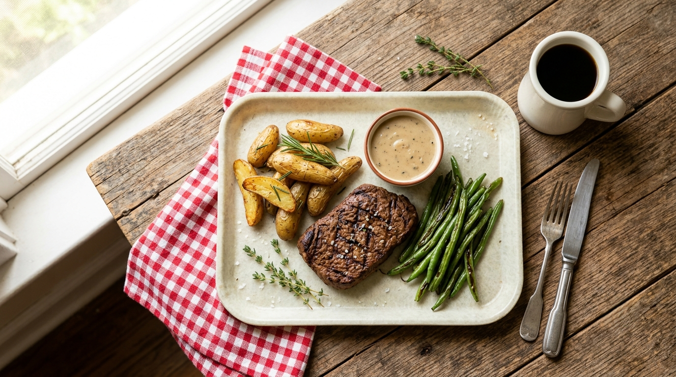 Professional overhead food photography setup featuring a vegan meal on a retro diner tray with a checkered napkin and vintage coffee mug