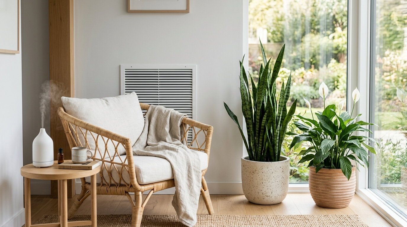 Peace Lily and Snake Plant thriving near a clean return air grille in a serene, naturally lit wellness corner.