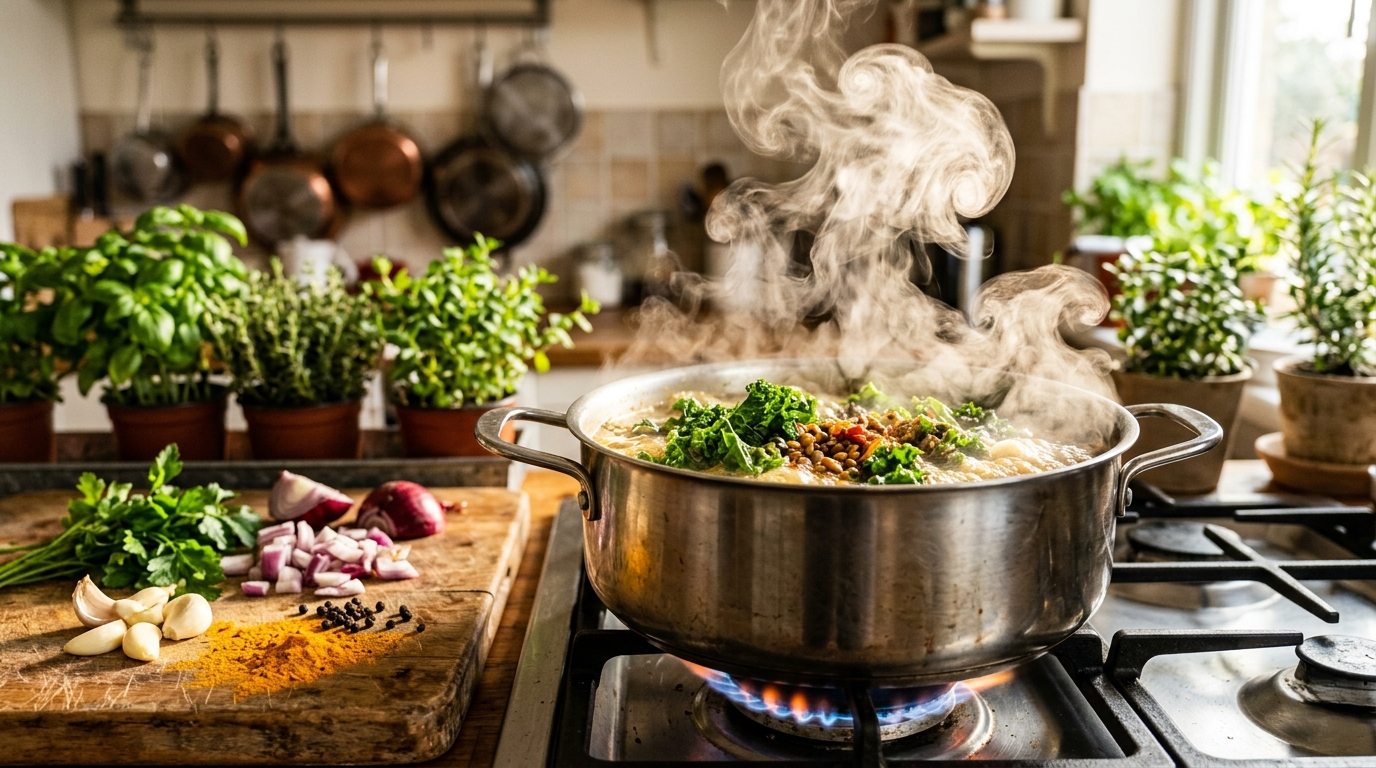 Dynamic steam and aromatic vapor rising from boiling kale and lentils in a plant-based kitchen.