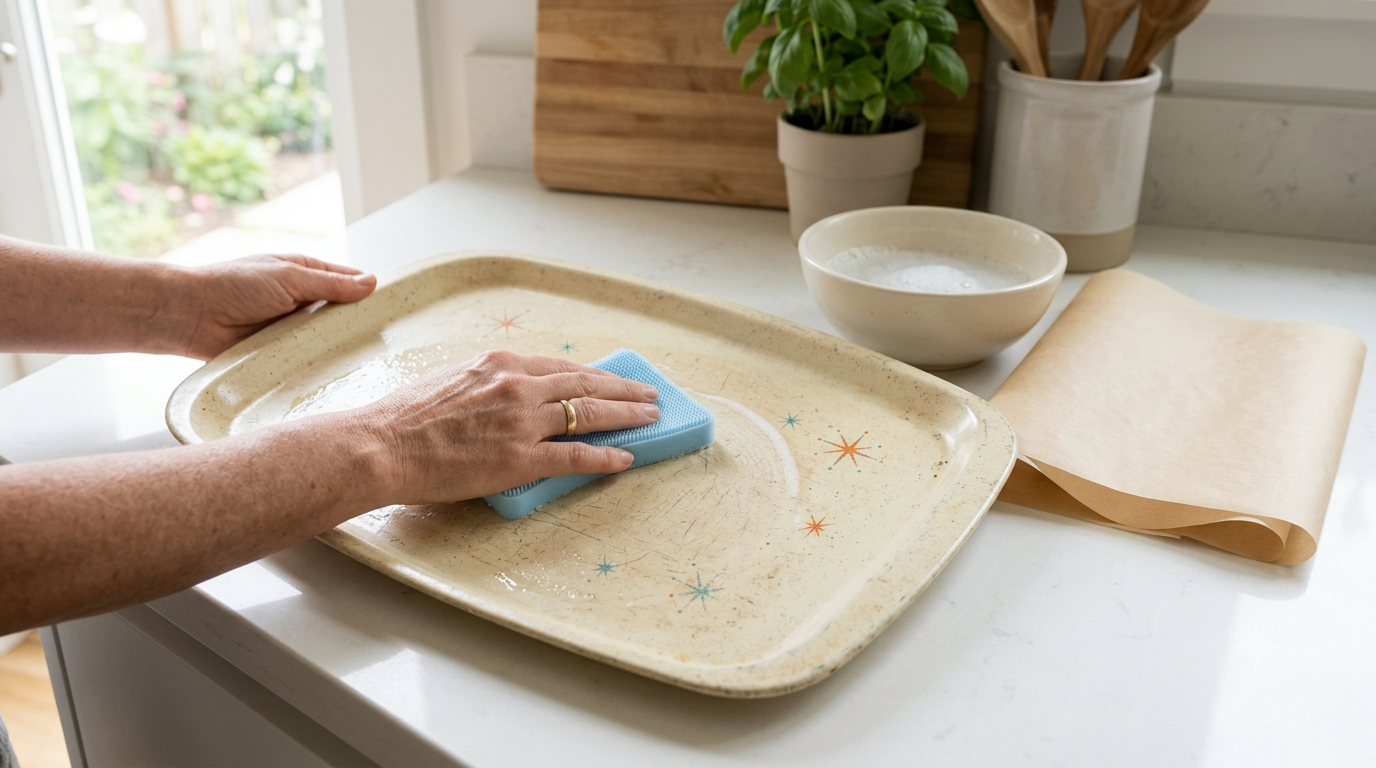 Person safely cleaning a vintage fiberglass restaurant tray with a soft sponge and mild soap on a modern kitchen counter.