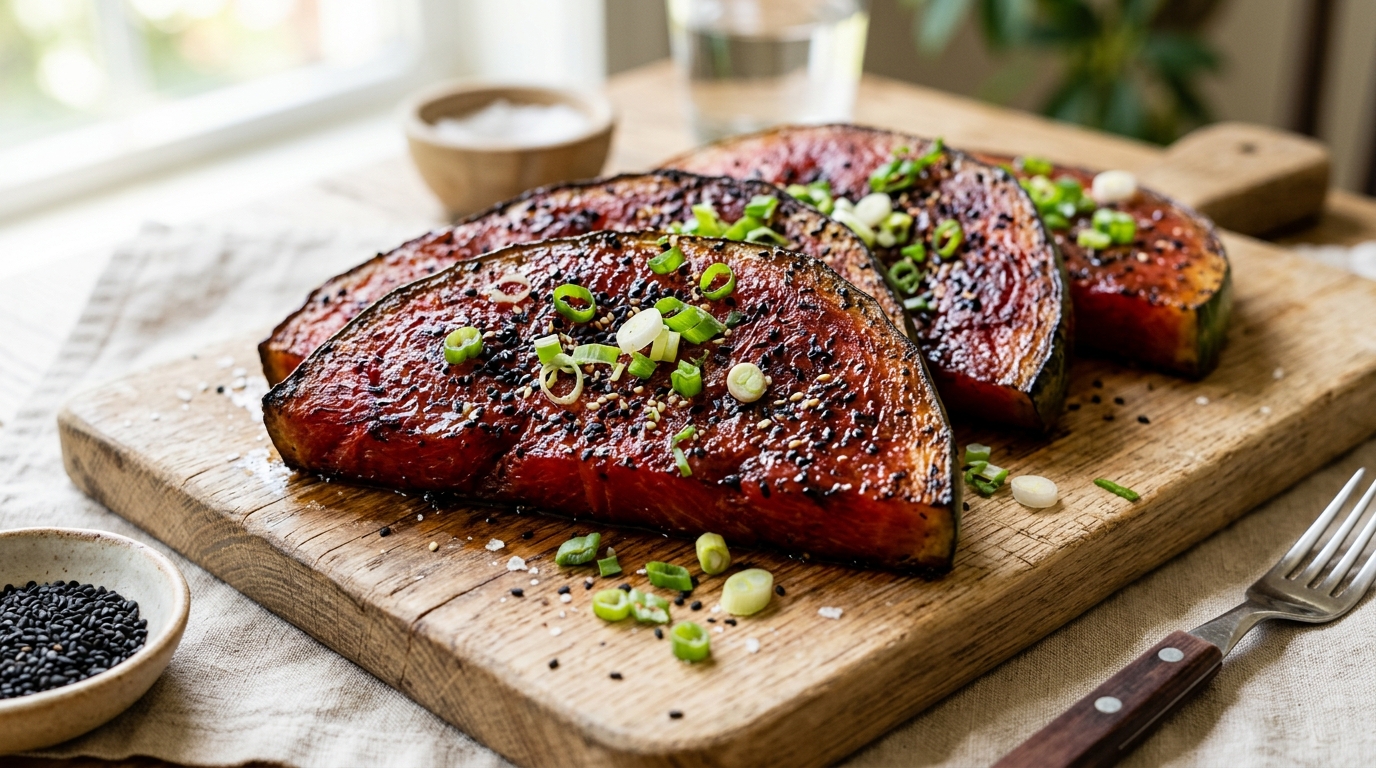 Roasted watermelon steaks seasoned with sesame seeds and scallions, used as a plant-based alternative to ahi tuna.
