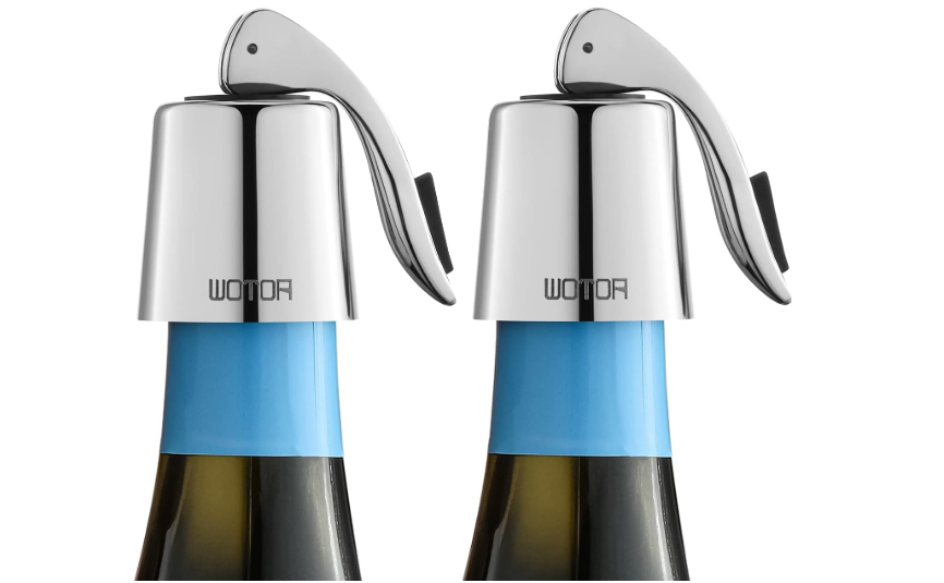 WOTOR Stainless Steel Wine Bottle Stoppers with Silicone - Reusable Wine Saver and Decorative Bottle Sealer, Leakproof, Keep Fresh, Silver, 2 Pack
