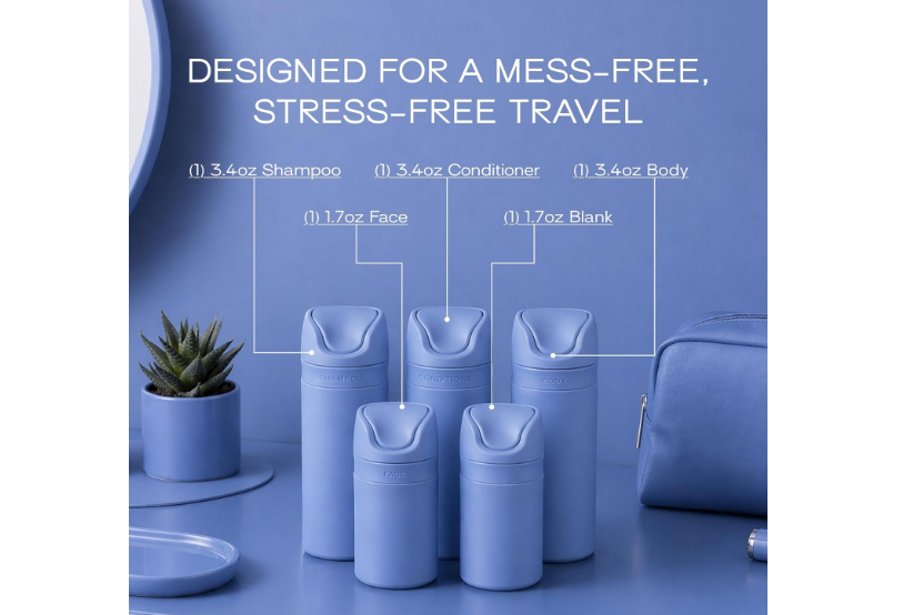 RIES Essential Refillable Toiletry Travel Bottles – Set of 5 (3.4oz & 1.7oz) Airless Pump Containers for Shampoo, Conditioner, Body, Face – Leak-Proof,...