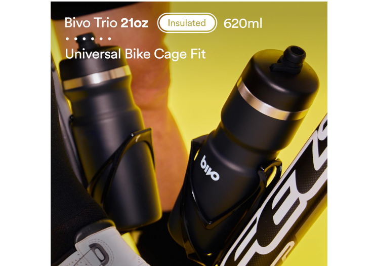 Bivo Trio 21oz Insulated Stainless Steel Bike Water Bottle - for Cycling - Fits Most Cages, Dishwasher Safe - Keeps Drinks Cold 12+ Hours - Raw