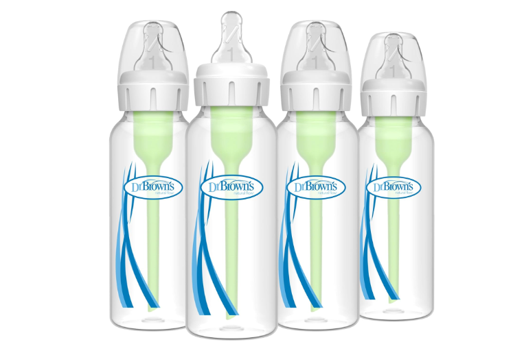 Dr. Brown's Natural Flow Anti-Colic Options+ Narrow Baby Bottle, 8 oz/250 mL, with Level 1 Slow Flow Nipples, 0m+, 4 Pack