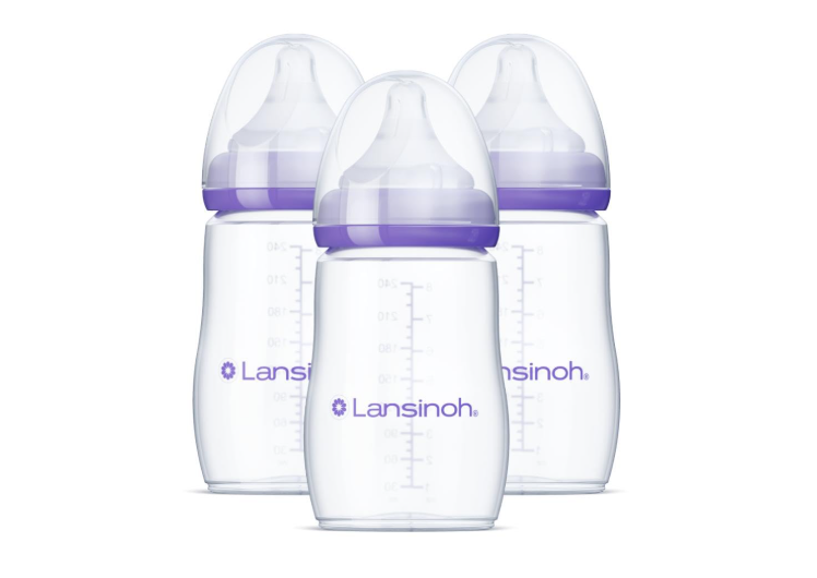 Lansinoh Anti-Colic Baby Bottles, BPA-Free Plastic, 8 Ounces, 3 Count, Medium Flow Nipples (Size M), Breastfeeding Bottle with NaturalWave Design, Baby...
