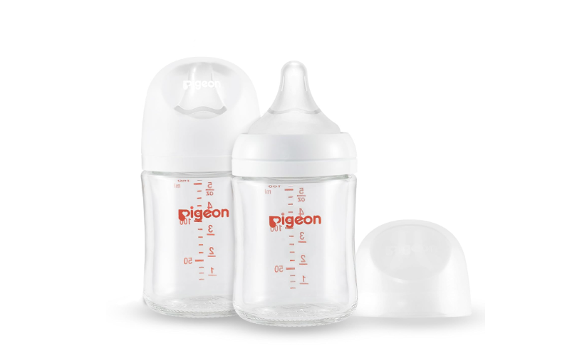 Pigeon Glass Nursing Bottle Wide Neck, Anti-Colic, Streamlined Body, Natural Feel, Easy to Clean, Heat-Resistant, 5.4 Oz (Pack of 2), Includes 2pcs SS Nipples (0m+)