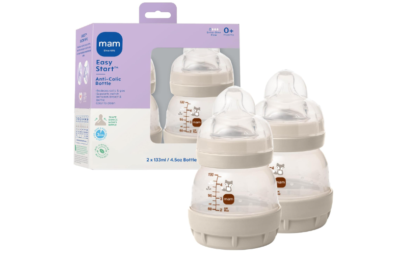MAM 4.5oz Easy Start Anti-Colic+ Wide Neck Vented Baby Bottle, Extra Slow Flow Breastfeeding-Like Silicone Nipple, Reduces Colic, Gas & Reflux, Easy to Clean, BPA Free, 0+ Months, Unisex