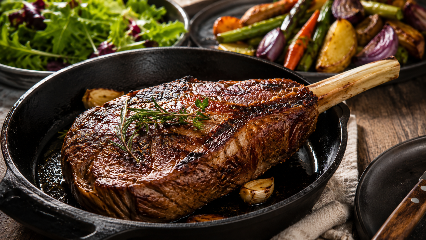 A realistic plant-based seitan and jackfruit tomahawk steak cooking in a cast-iron skillet alongside healthy roasted vegetables.
