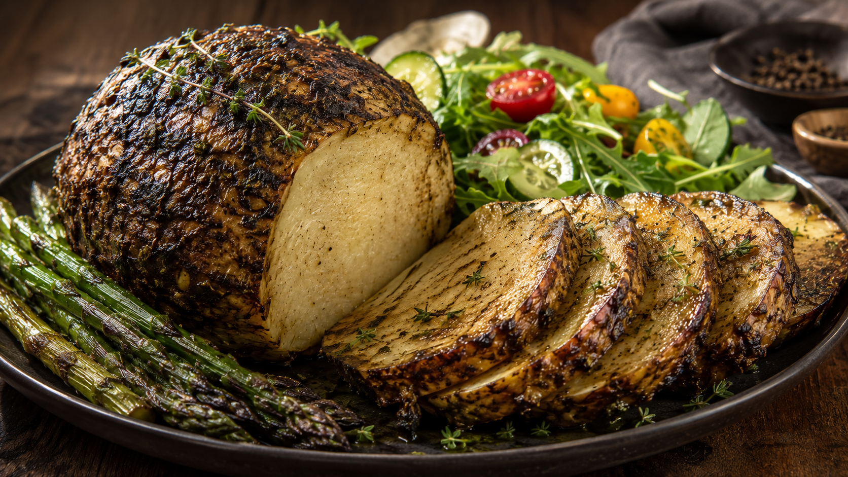Thick medallions of roasted celeriac served as a vegan centerpiece with charred asparagus and a fresh side salad.