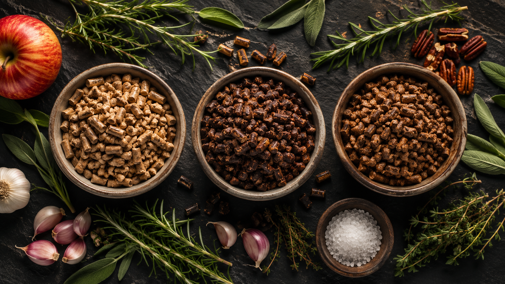 Various wood pellets for smoking plant-based turkey roasts alongside fresh holiday herbs.