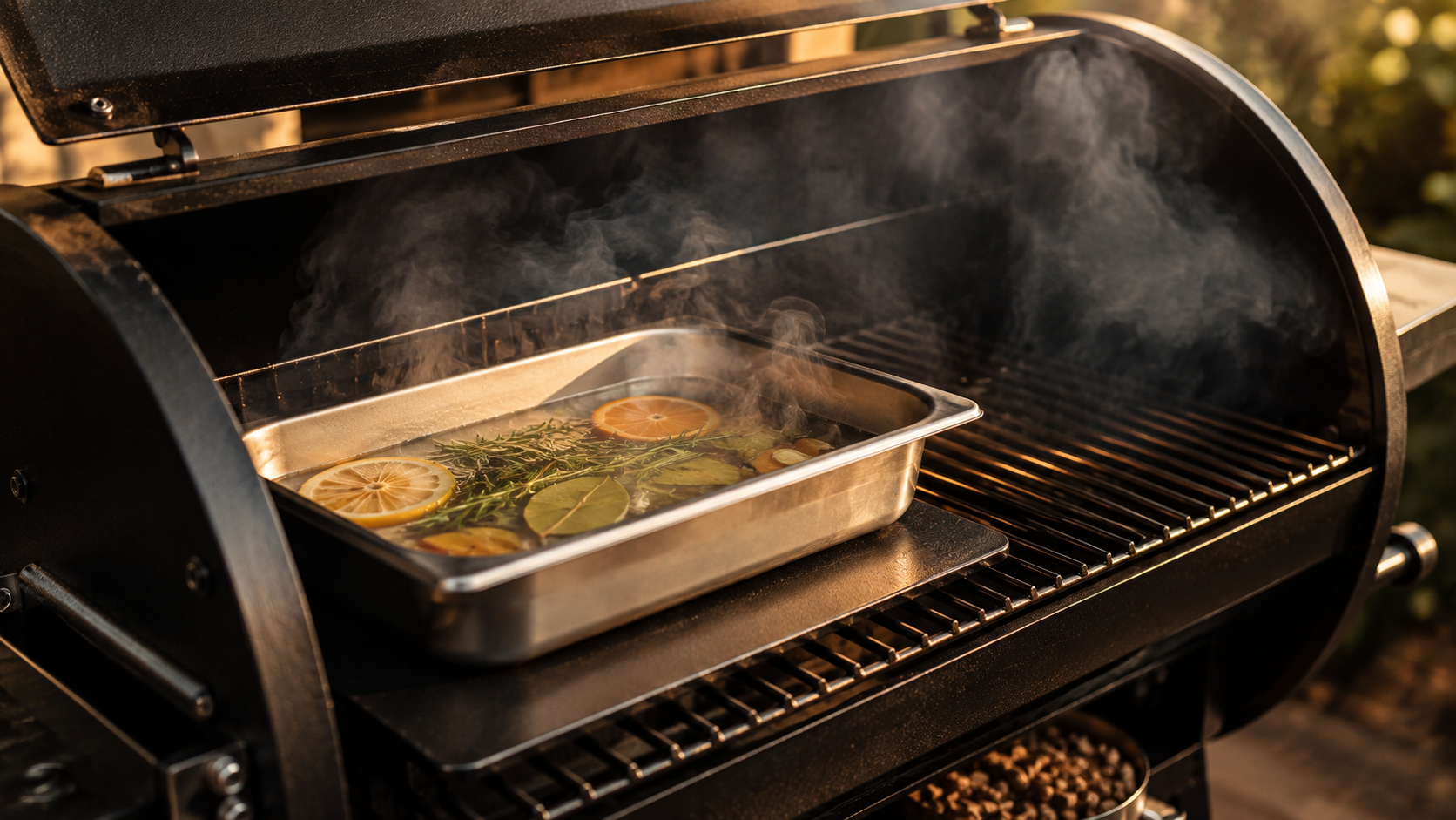 Stainless steel water pan filled with vegetable stock and herbs inside an open pellet grill.
