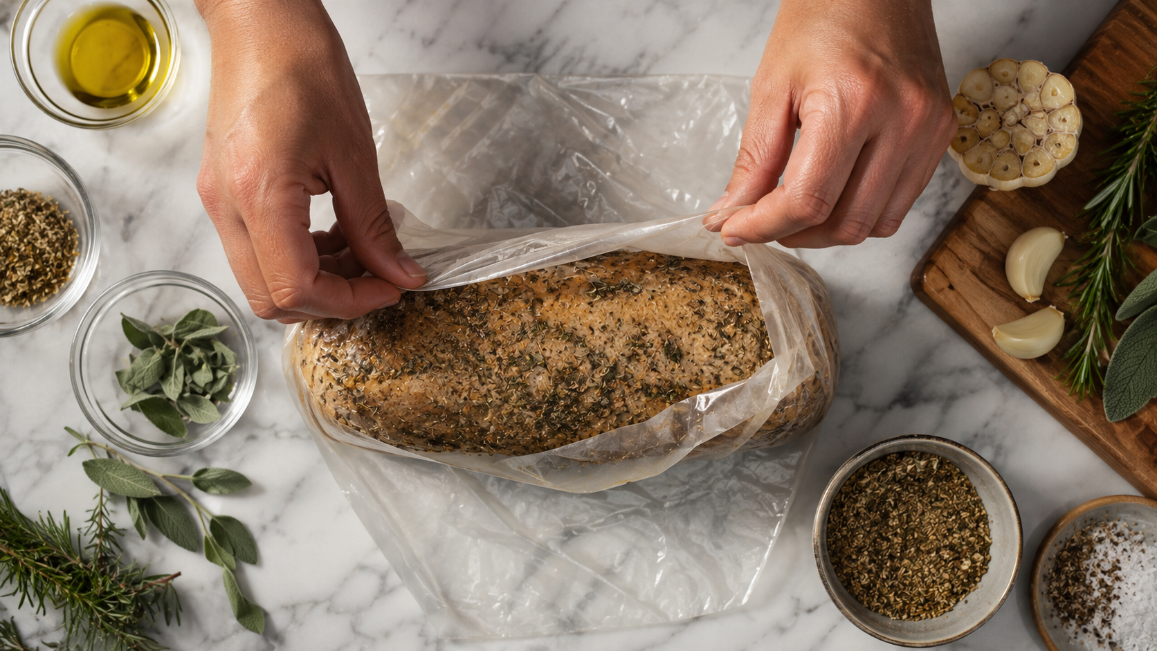 Wrapping a plant-based seitan turkey roast with rice paper to create a crispy skin.