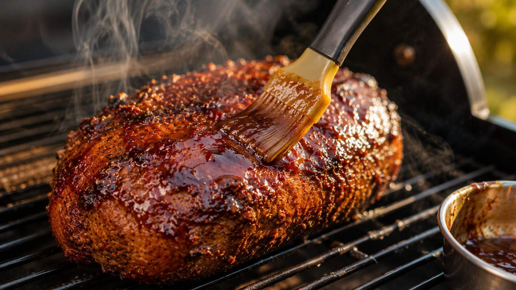 Basting a maple-mustard glaze onto a plant-based turkey roast on a smoking pellet grill.