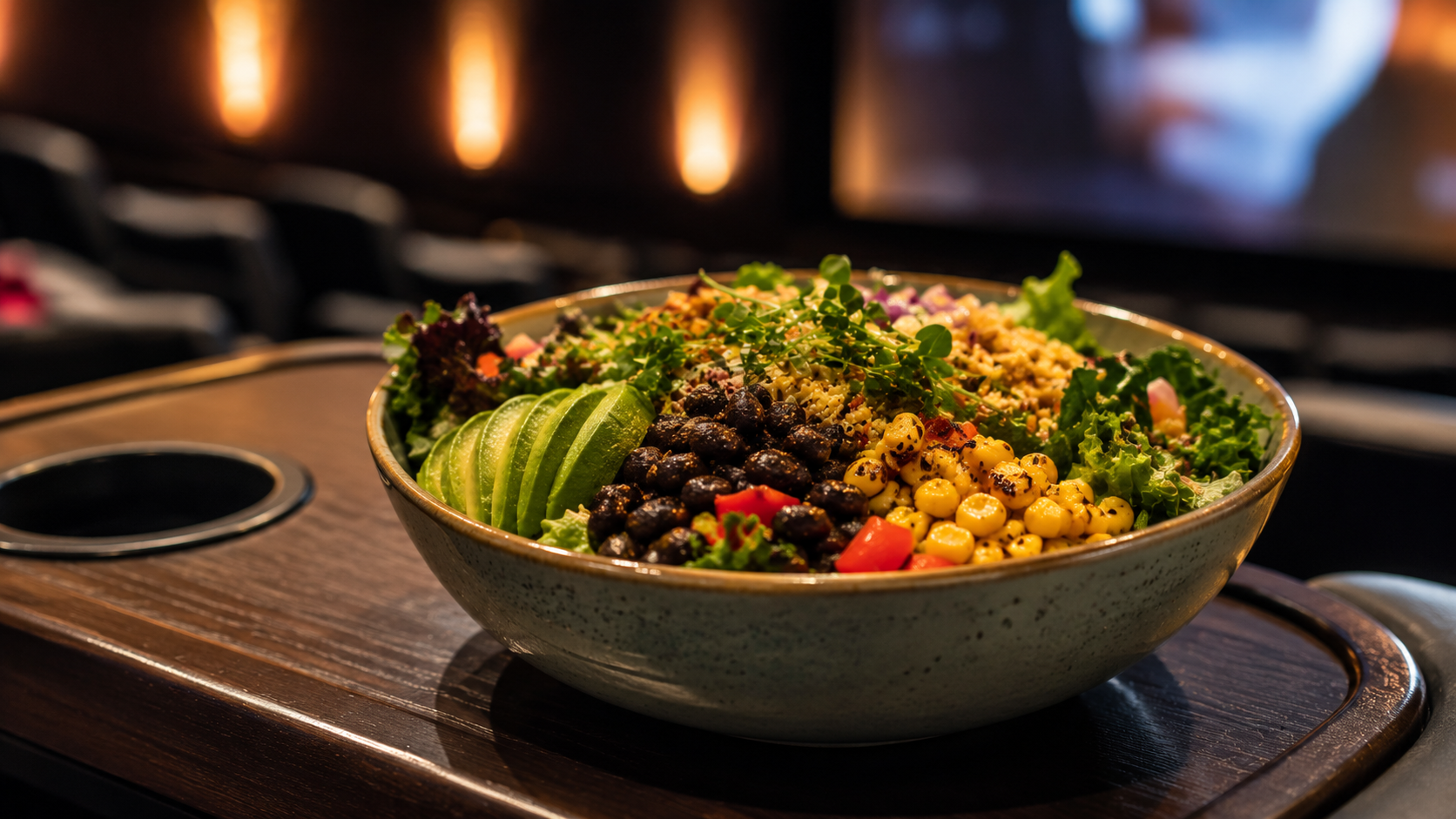 Vibrant plant-based salad with avocado and roasted corn on a movie theater tray.